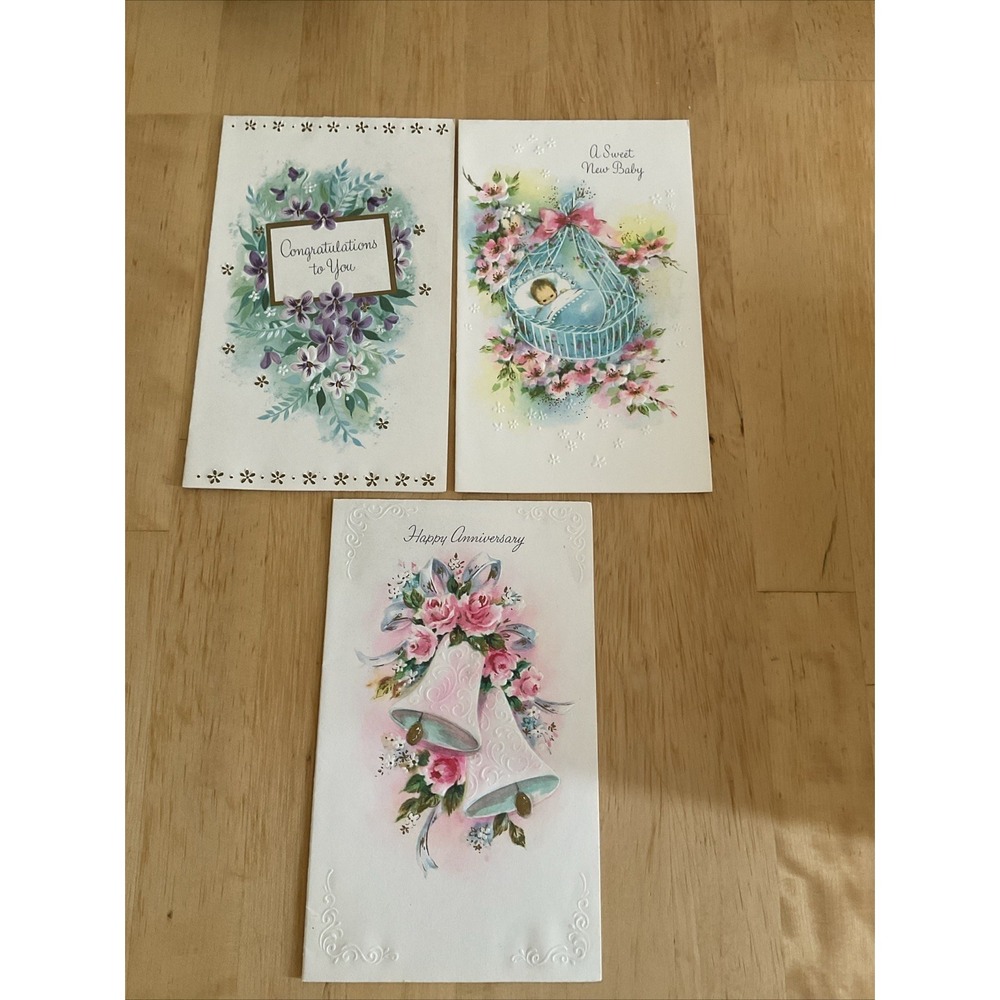NOS VTG 60'S 3-GREETING Anniversary BIRTHDAY CARDS FLORAL VICTORIAN*NO ENVELOPES